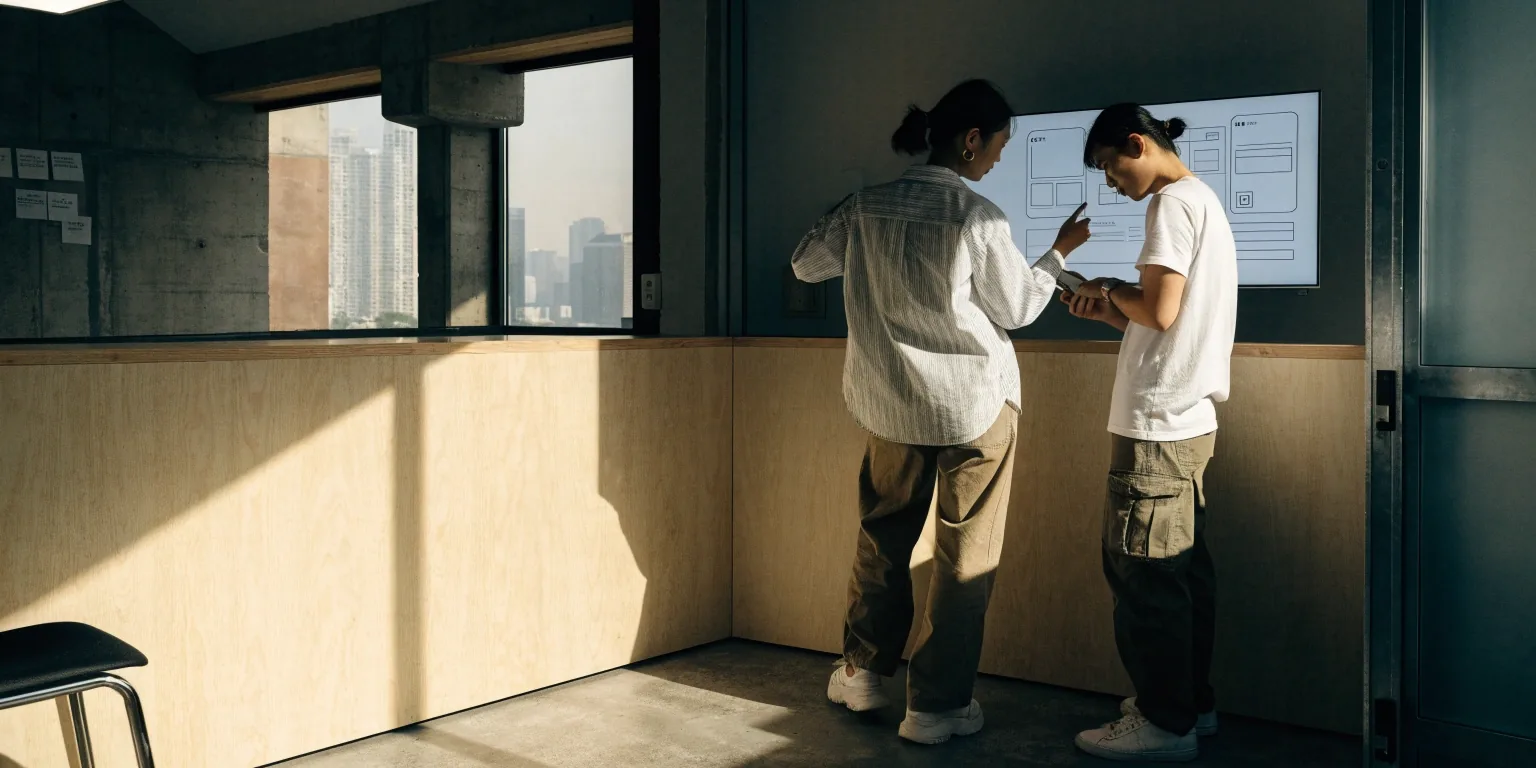 移动应用设计工作室的上午场景，多人伏案工作，屏幕背向镜头