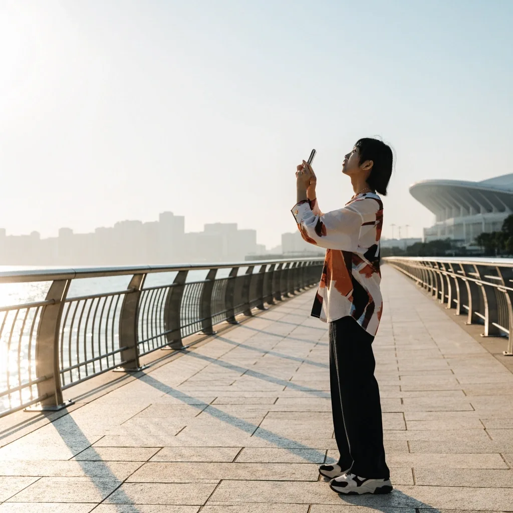 清晨海旁步道望向远处现代场馆的轮廓